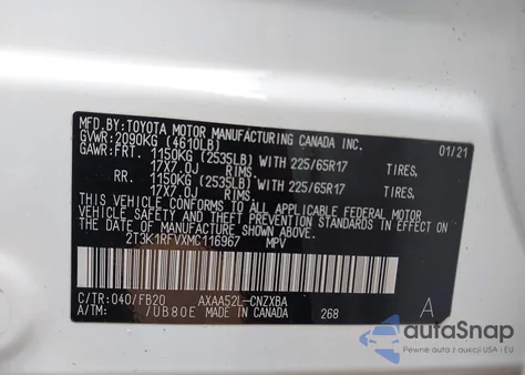 2021 Toyota Rav4 Le z USA, uszkodzony, nr VIN 2T3K1RFVXMC116967